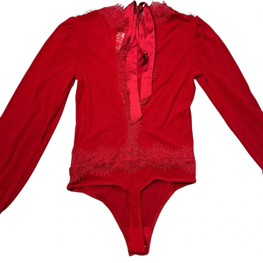 NWT New Free People Sweet Nothings Long Sleeve Red Bodysuit Size M